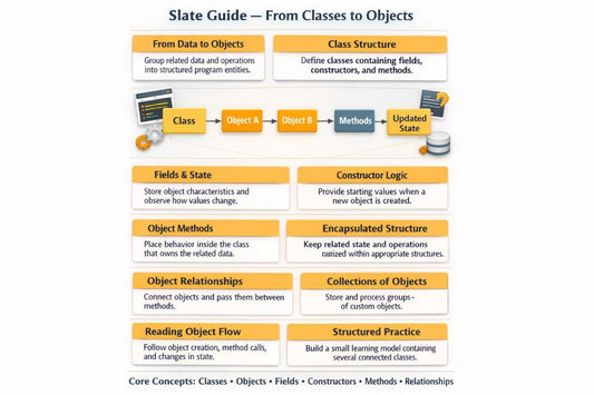 An educational infographic titled 'Slate Guide — From Classes to Objects' on a white background, with orange and blue boxes, icons, and explanatory text about object-oriented programming concepts.