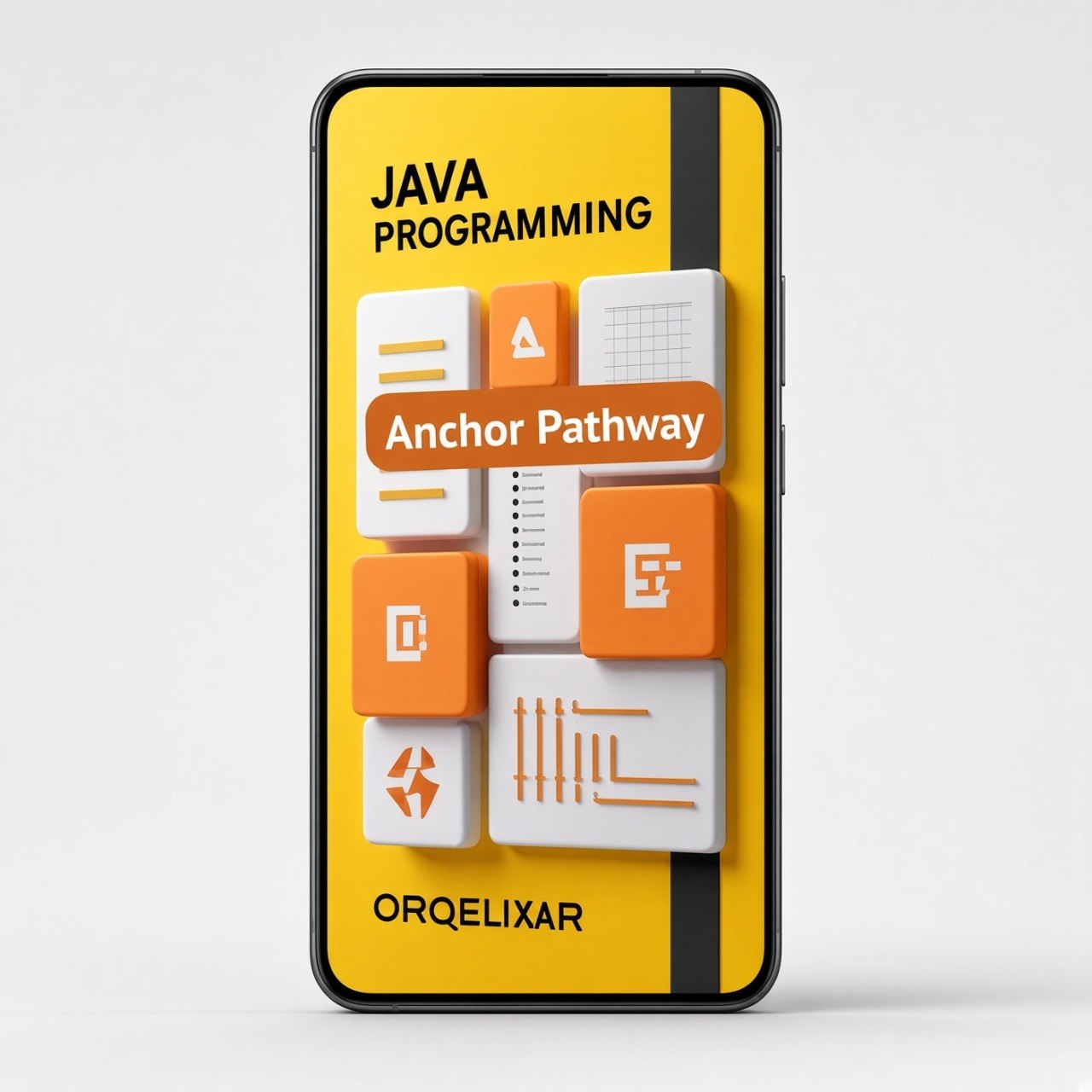 A smartphone mockup on a light gray background displaying a yellow and orange graphic with the text 'JAVA PROGRAMMING', 'Anchor Pathway', and 'ORQELIXAR'.