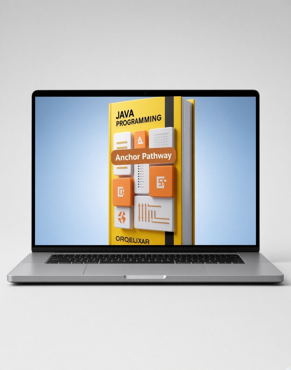 A silver laptop on a light gray background displaying a digital cover for a Java Programming course titled 'Java Programming' by ORGELUXAR. The cover features a yellow and orange 3D block design with the text 'JAVA PROGRAMMING' and 'Anchor Pathway'.