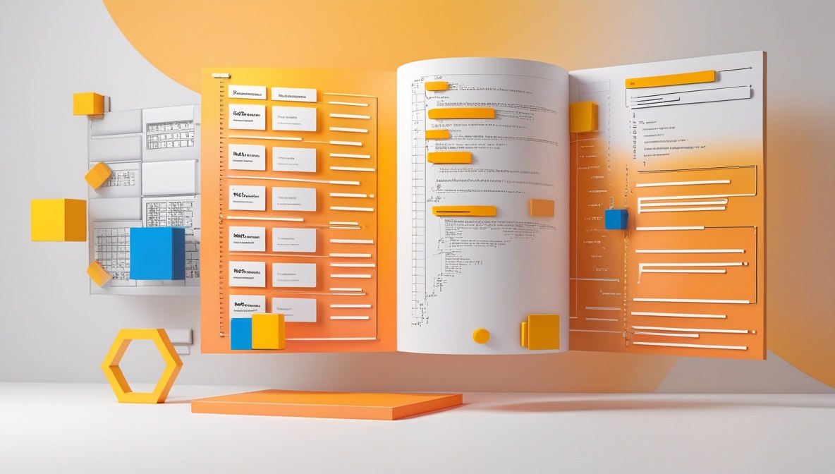 A stylized 3D render of an open book or folder with orange panels, white pages, and floating geometric blocks in yellow, blue, and orange against a warm beige and orange background.