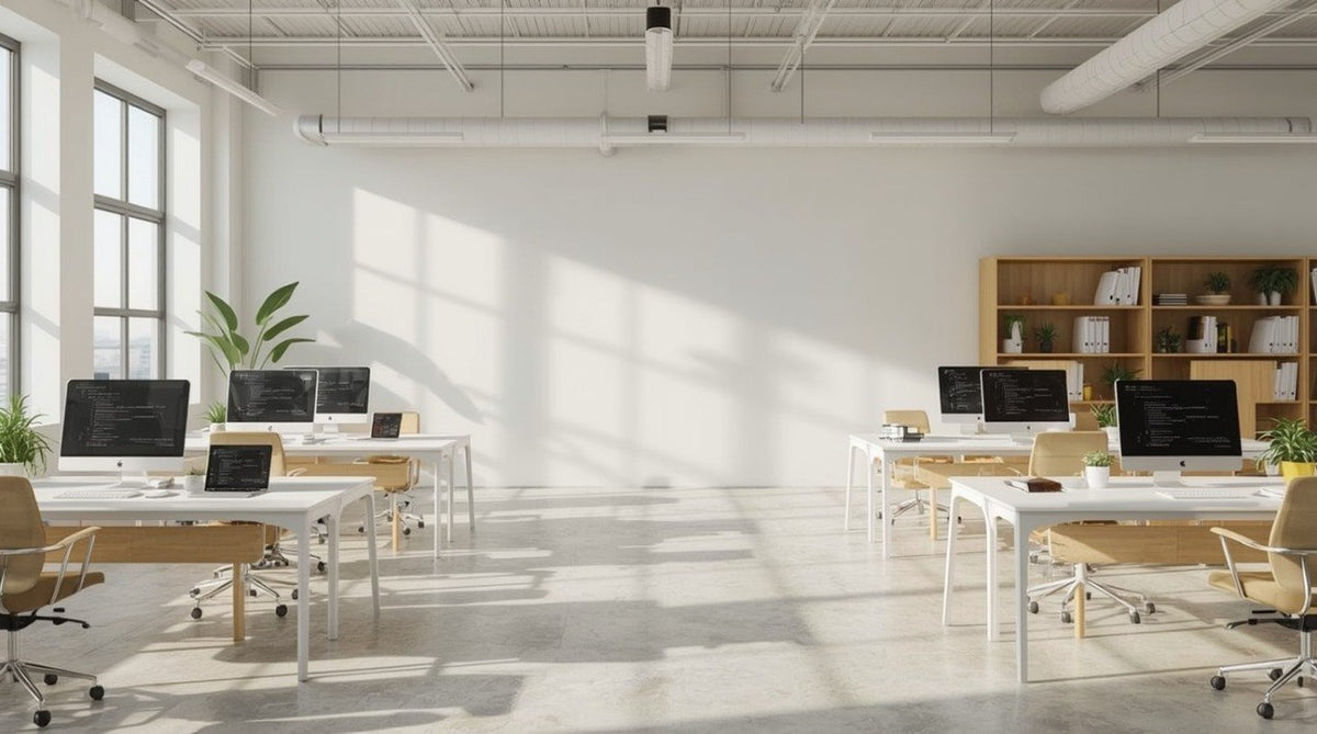 A bright, modern open office space with multiple white desks, computer monitors, office chairs, a wooden bookshelf, and large windows casting strong sunlight across the floor.