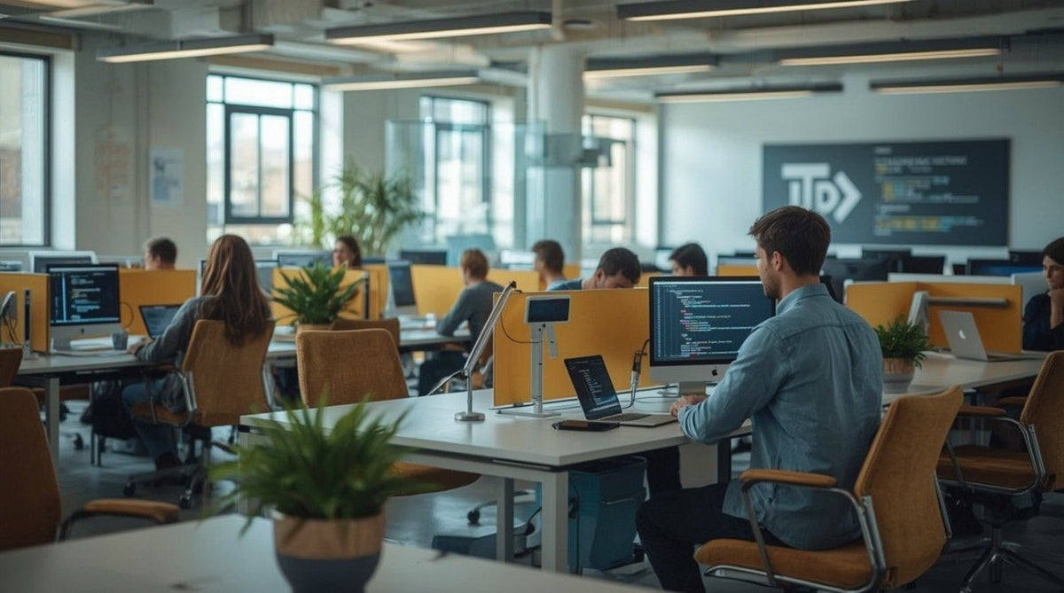 A modern, bright open office space with multiple people seated at desks working on computers. The room features light-colored walls, large windows, and rows of orange-brown office chairs and white desks with yellow dividers.