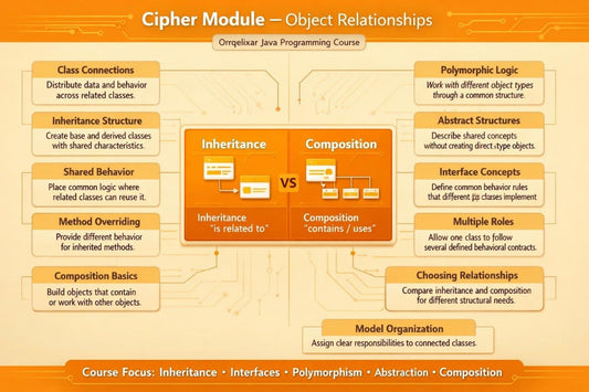 An infographic titled 'Cipher Module - Object Relationships' for Oracleng Java Programming Course, comparing 'Inheritance' and 'Composition' with diagrams, boxes, and text on a beige and orange background.