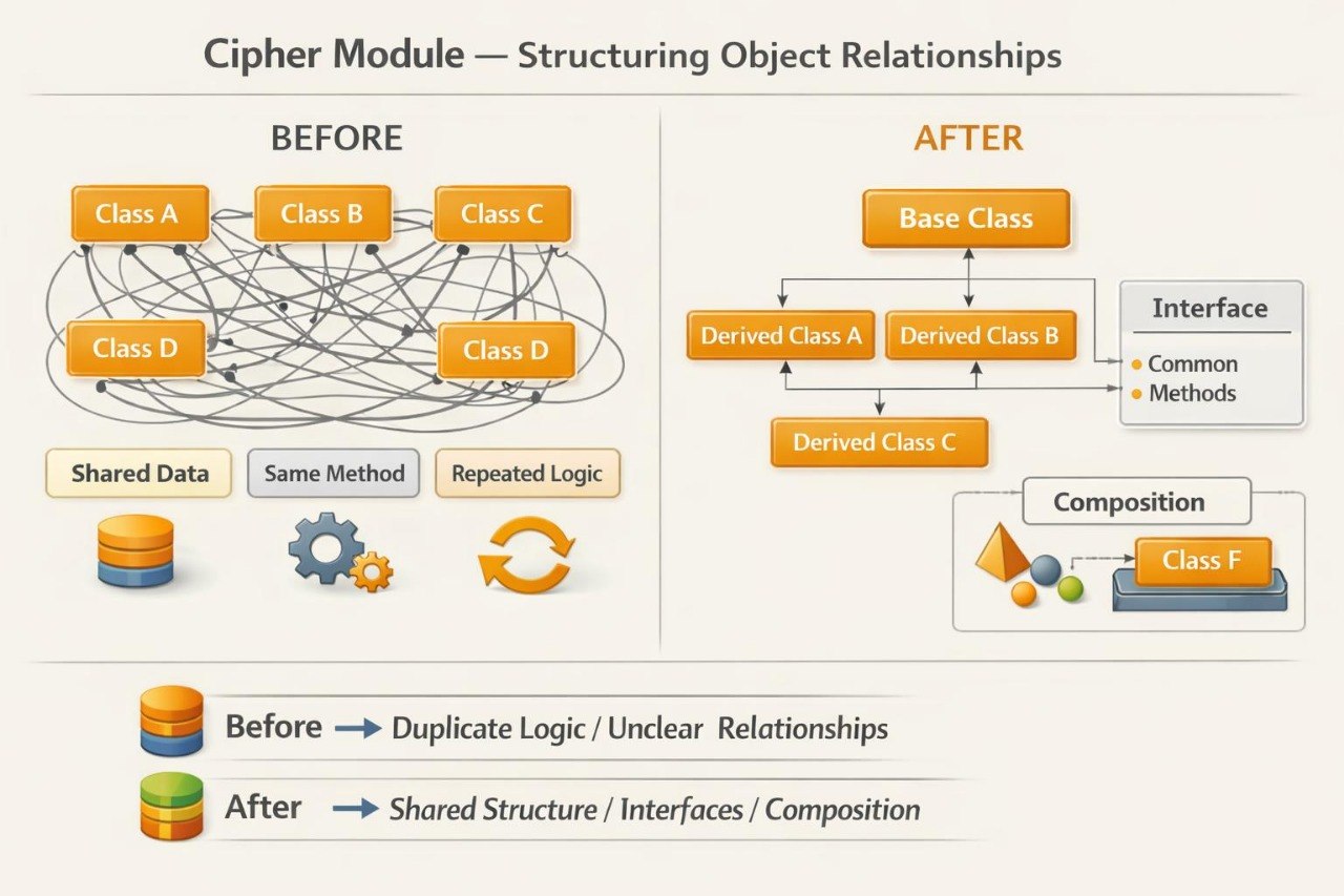A diagram titled 'Cipher Module — Structuring Object Relationships' comparing a 'Before' state with an 'After' state. The before section shows multiple classes (Class A through Class D) with tangled connections and shared data icons, while the after section shows a structured hierarchy with a base class, derived classes, an interface, and composition.