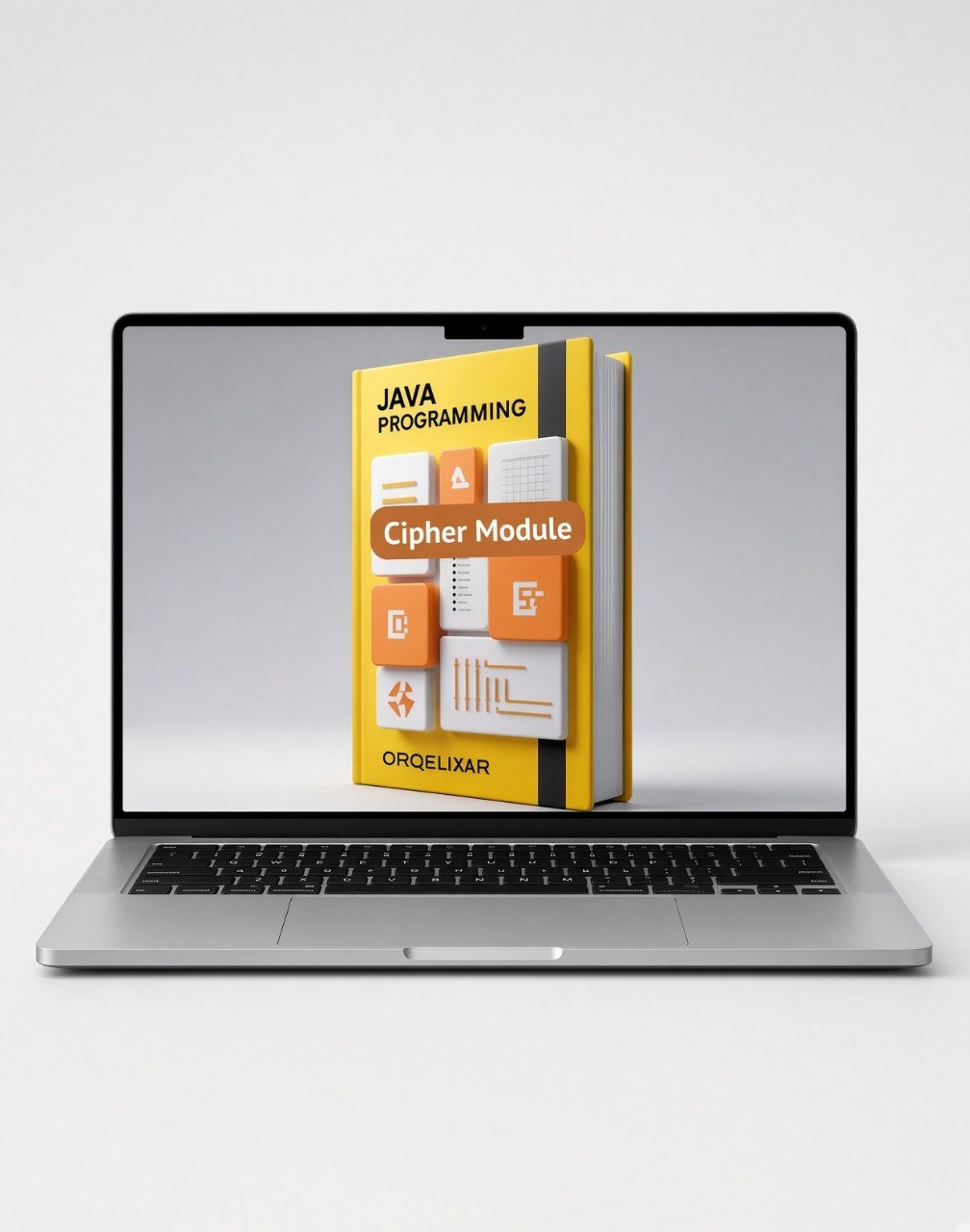 A silver laptop on a light gray background displaying a digital cover for a 'Java Programming Cipher Module' by ORGELIXAR. The cover is yellow and orange with various code-related icons.