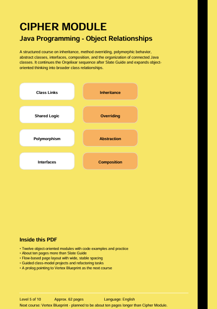 A digital cover page for a 'Cipher Module' Java programming course, featuring a bright yellow background with black and orange text and a central block of white and orange boxes illustrating key concepts like inheritance, polymorphism, and interfaces.