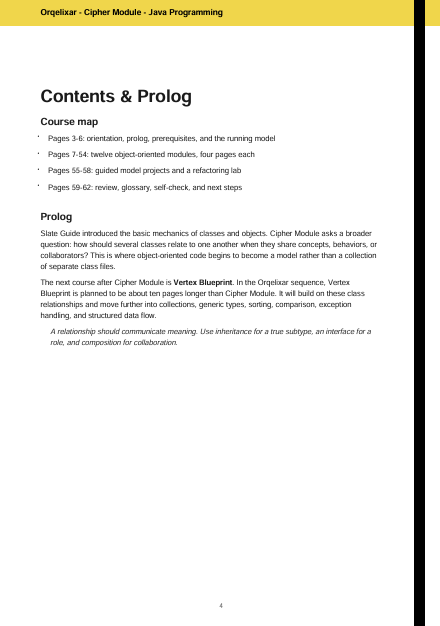 A scanned or photographed page from a book or course manual titled "Contents & Prolog" for "Ojekkareel - Cipher Module - Java Programming." The page has a white background with black text, outlining course maps and a section titled "Prolog.