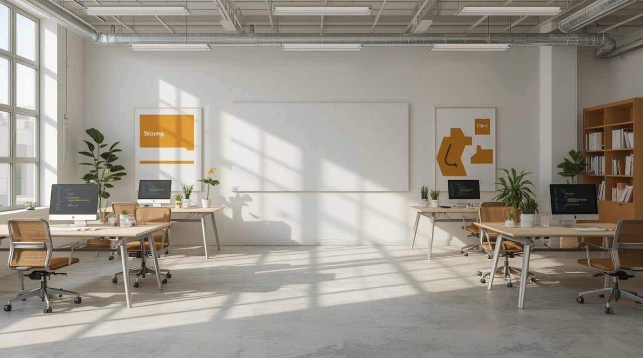 A bright, modern open office space with multiple light wood desks, office chairs, computer monitors, potted plants, and framed abstract wall art. The room has high ceilings with exposed ductwork, large windows casting strong sunlight, and a whiteboard on the back wall.