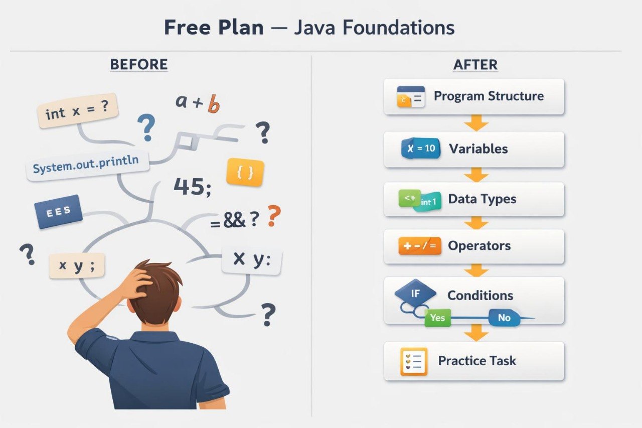 An educational infographic titled 'Free Plan – Java Foundations' with a split 'Before' and 'After' layout. The left side shows a cartoon person with confused expressions and Java syntax questions, while the right side lists topics like Program Structure, Variables, Data Types, Operators, If Conditions, and Practice Tasks in rounded white boxes with orange arrows.