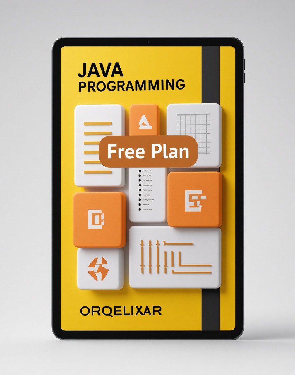A digital mockup of a tablet displaying a 'JAVA PROGRAMMING' cover design with orange and white 3D-style icons, a central 'Free Plan' badge, and the brand name 'ORQELIXAR' at the bottom, set against a light gray background.