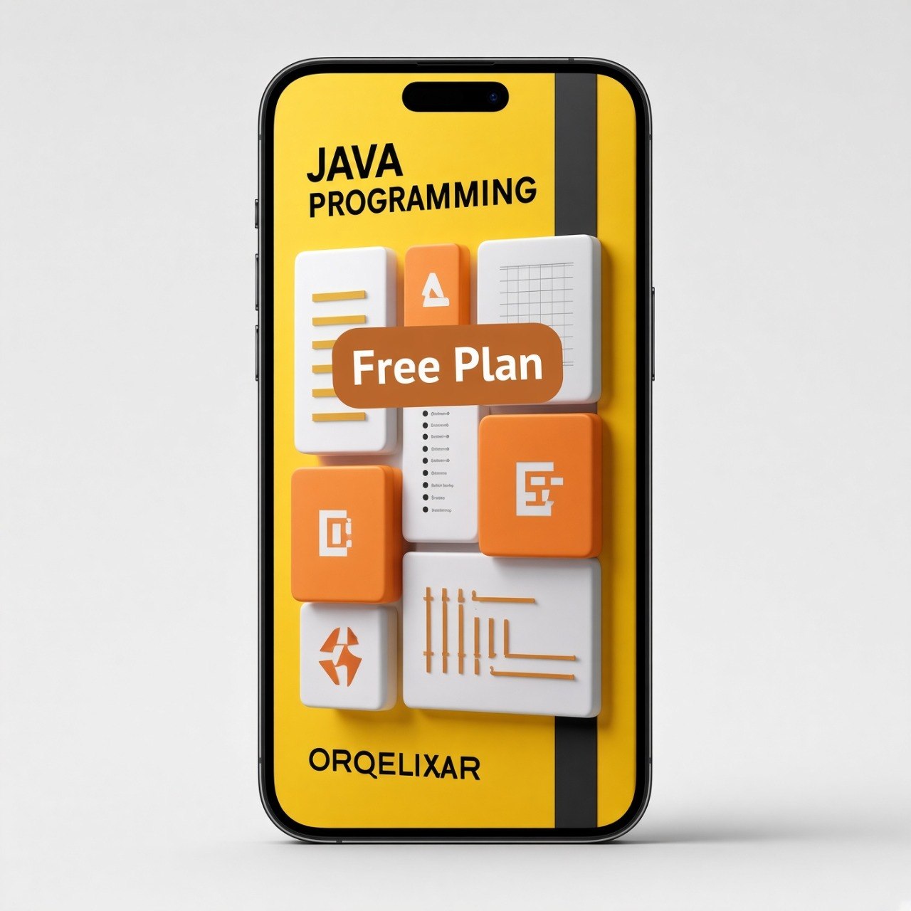 A smartphone mockup displaying a yellow and orange graphic with the text 'JAVA PROGRAMMING', 'Free Plan', and 'ORQELIXAR' on a light gray studio background.