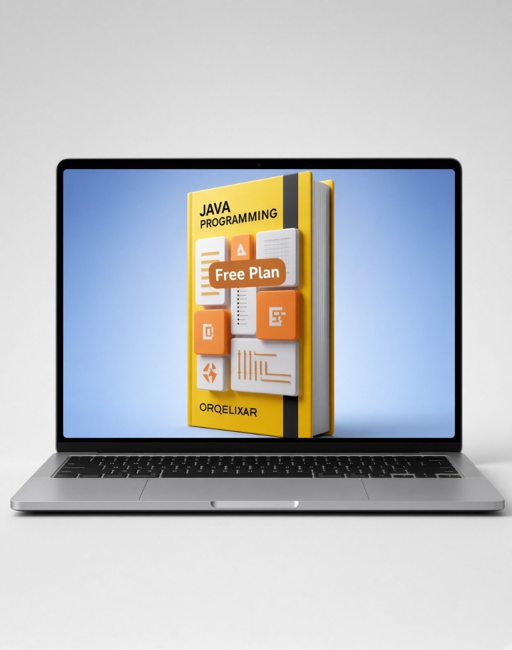 A silver laptop on a light gray background displaying a 3D book cover for a 'Java Programming Free Plan' by Cirqueluxar.