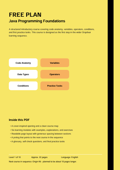 A digital promotional graphic for a free Java programming foundations PDF plan. The layout features a bright yellow background with a thick black vertical stripe on the right.