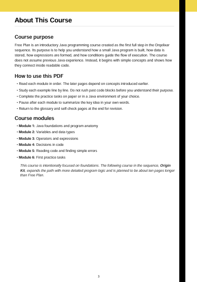 A document page titled 'About This Course' with black text on a white background and a yellow header band at the top. The page outlines course purpose, how to use a PDF, course modules, and a brief description of the curriculum.
