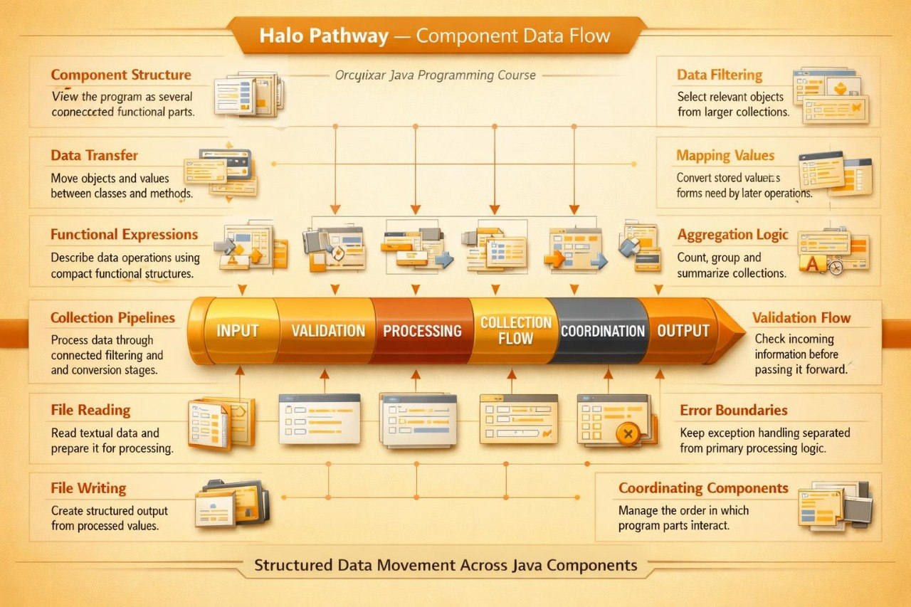 An infographic diagram titled 'Halo Pathway — Component Data Flow' showing a Java programming course workflow with boxes, arrows, and icons representing component structure, data transfer, functional expressions, collection pipelines, file reading, error boundaries, and validation.