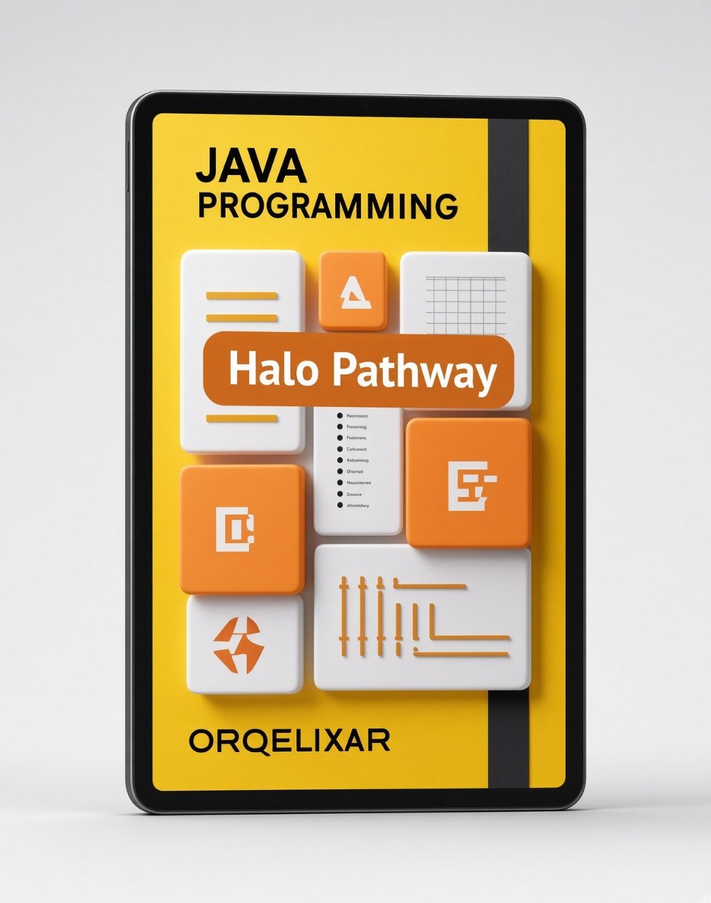A digital mockup of a book or guide titled 'JAVA PROGRAMMING Halo Pathway' by ORQELIXAR, featuring a bright yellow cover with orange and white graphic elements and a black border, set against a light gray background.