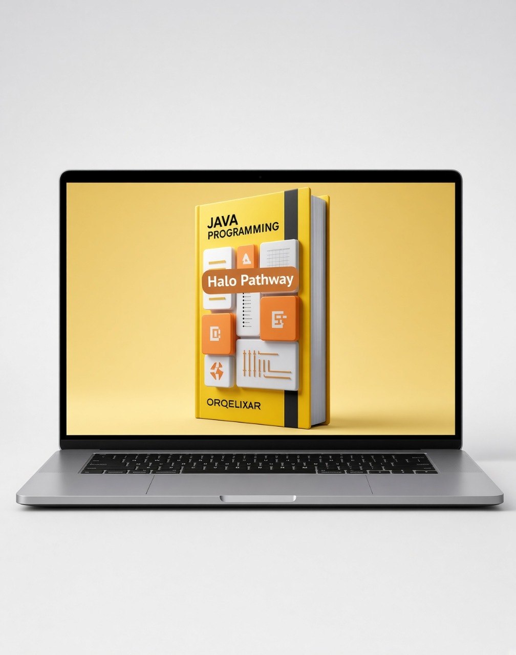 A silver laptop on a light gray background displaying a digital book cover for 'Java Programming: Halo Pathway' by Grelixar.