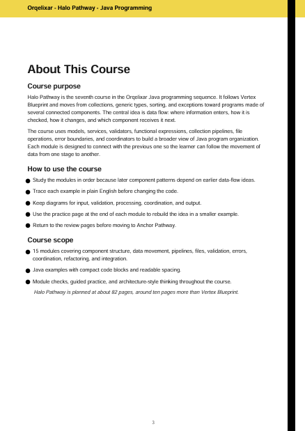 A printed course syllabus page titled 'Ogallala - Halo Pathway Java Programming' with sections including 'About This Course', 'Course purpose', 'How to use the course', and 'Course scope' on a white page.