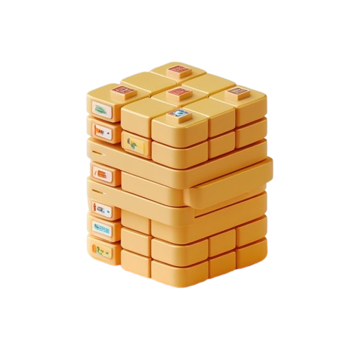 A stack of yellow-orange rectangular blocks with small multicolored square tops, photographed on a plain white background.