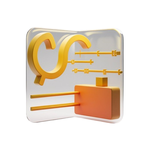 A 3D-rendered abstract icon or logo featuring a large yellow circular element, several horizontal yellow bars, and an orange rectangular block on a clear rounded square background, isolated on a white backdrop.