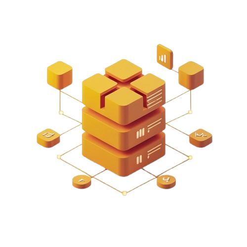 An isometric digital illustration of a stack of orange server racks connected by thin lines, with small orange icons around it, on a plain white background.