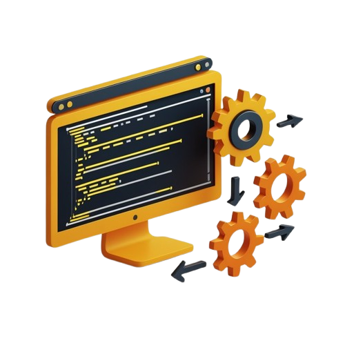 A stylized digital illustration of a computer monitor with yellow-orange framing and a black screen showing code, alongside three orange gears and black arrows on a plain white background.