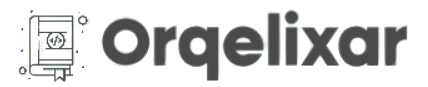 A dark gray logo featuring the word 'Orqelixar' in a bold rounded typeface next to a small stylized icon of a book with a circular emblem, set on a plain white background.