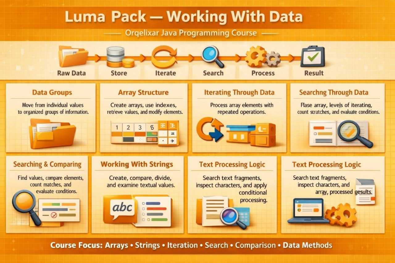 An infographic-style course diagram titled 'Luma Pack — Working With Data' for an OracleXler Java Programming Course, showing illustrated sections for raw data, store, iterate, search, process, result, data groups, array structure, iterating through data, searching and comparing, working with strings, text processing logic, and text processing logic, with orange, yellow, and blue graphics on a light background.