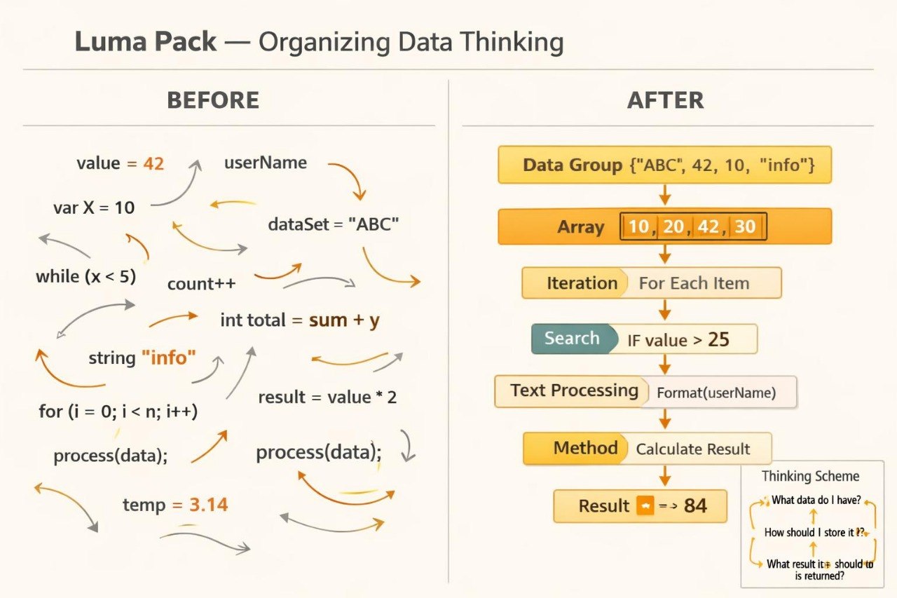 A diagram titled 'Luma Pack — Organizing Data Thinking' comparing a messy 'BEFORE' flowchart with a clean 'AFTER' flowchart. The left side shows tangled code-like arrows and variables on a light beige background, while the right side shows an organized flowchart with labeled boxes such as 'Data Group', 'Array', 'Iteration', 'Search', 'Text Processing', 'Method', and 'Calculate Result'.