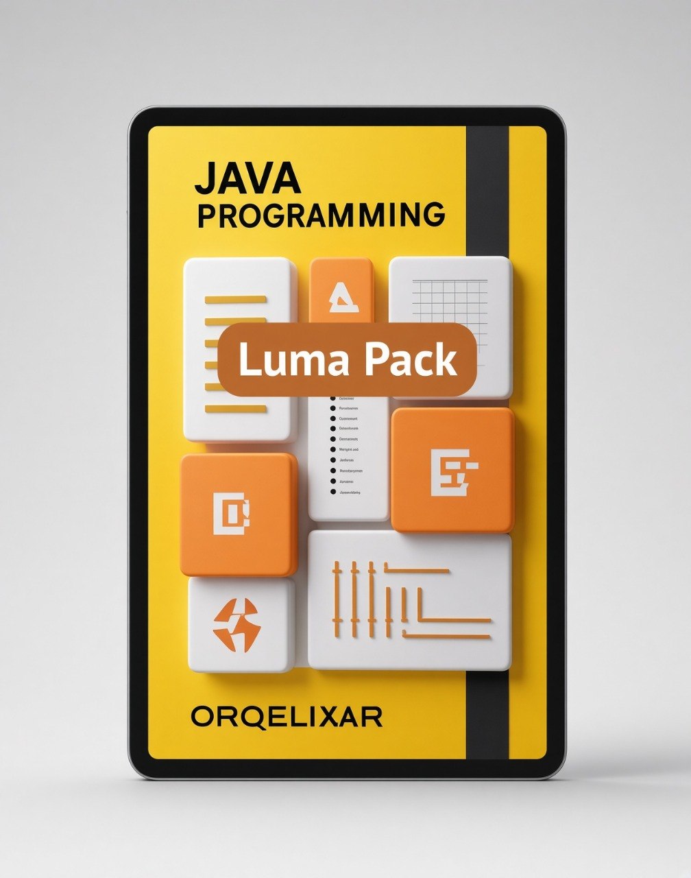 A 3D-rendered book or booklet cover titled 'JAVA PROGRAMMING' with a large 'Luma Pack' overlay, featuring orange and white interface-style icons on a yellow cover with a black border, shown against a light gray background.