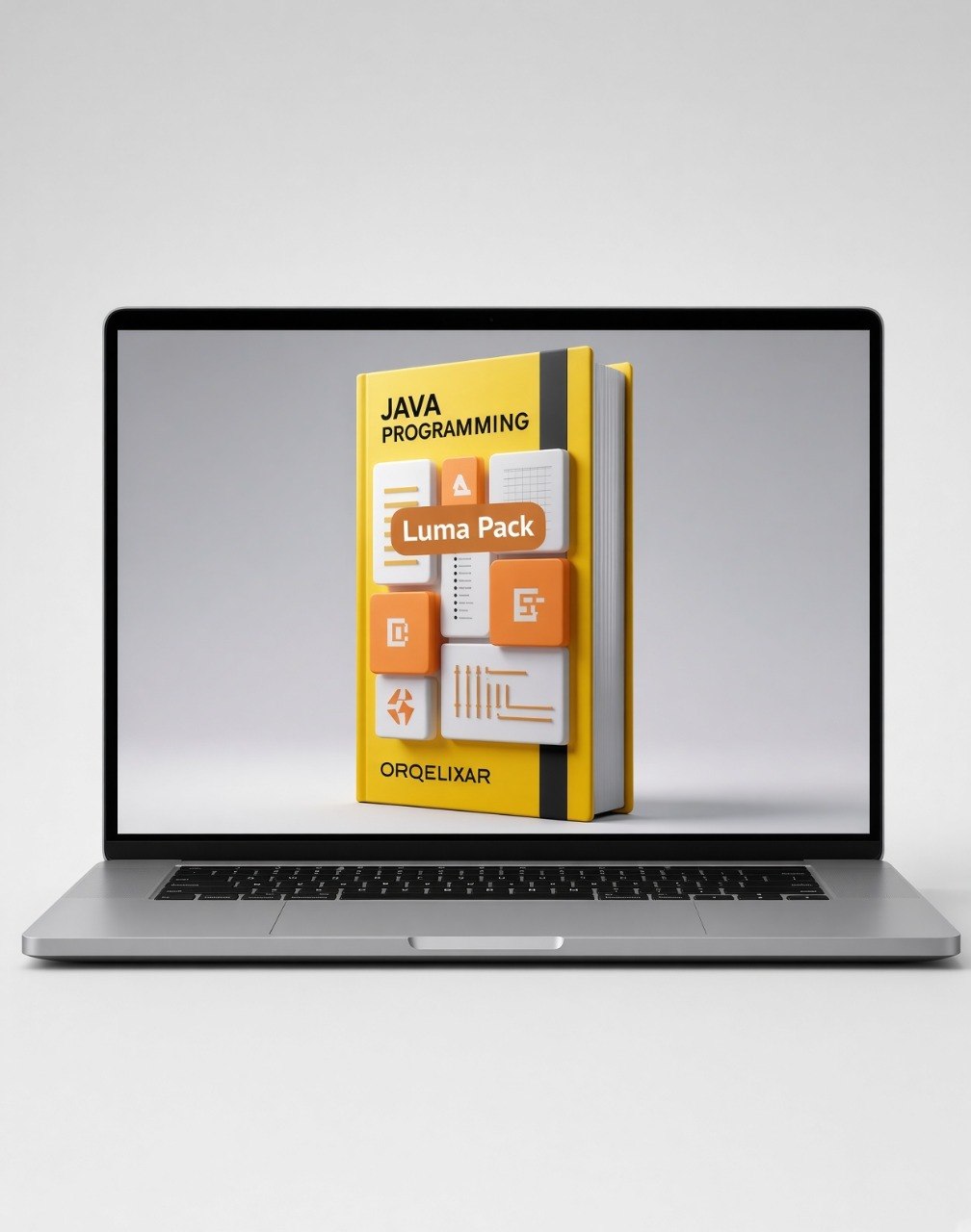 A silver laptop on a light gray background displaying a digital cover for a 'Java Programming Luma Pack' by ORGELIXAR.