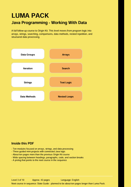 A digital cover page for a 'LUMA PACK' Java Programming course titled 'Working With Data', displayed on a bright yellow background. The design features a black vertical stripe on the right, a black horizontal stripe across the center, and a central grid of white and orange buttons representing key topics like Arrays, Search, and Nested Loops.