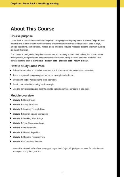 A text-based course overview page titled 'Oregelak - Luma Pack - Java Programming' with sections for course purpose, study goals, and module overview listing modules 1 through 10.