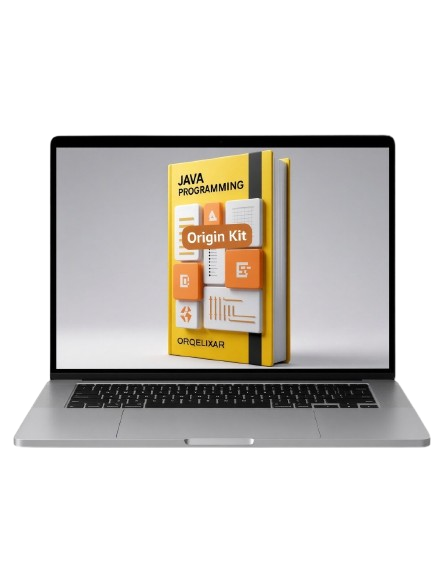 A silver laptop open on a light gray background, displaying a 3D book cover for a Java Programming course called 'Origin Kit' by Orgeluxar on its screen.