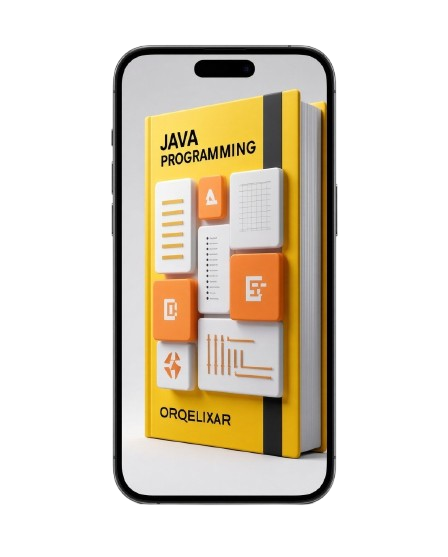 A smartphone mockup displaying a 3D-rendered book cover titled 'JAVA PROGRAMMING' with orange and white geometric blocks and the name 'ORQELIXAR' near the bottom, shown on a plain white background.