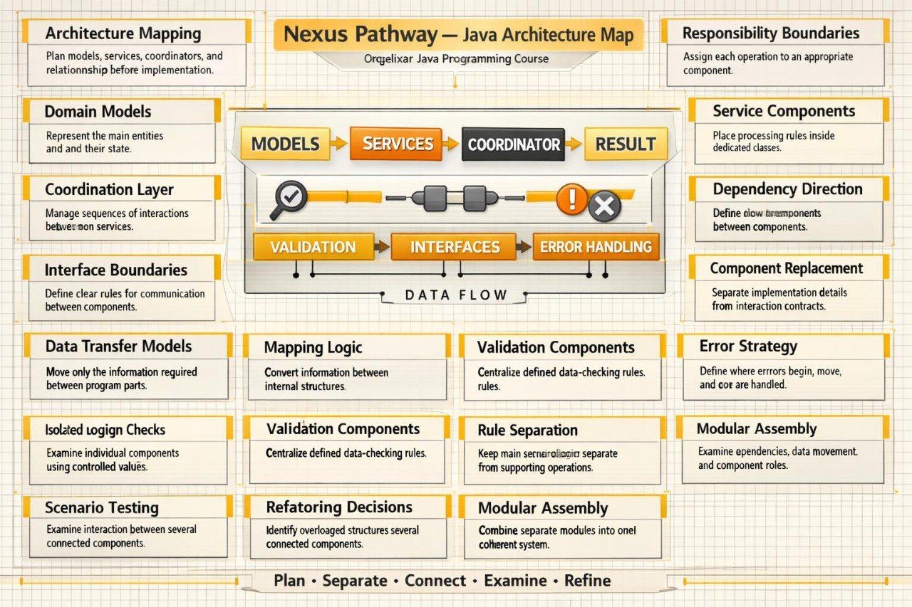 An infographic titled 'Nexus Pathway — Java Architecture Map' from 'Englewood Java Programming Course' showing a structured diagram of software architecture components like Domain Models, Coordination Layer, Interfaces, Validation, Error Handling, and Responsibility Boundaries, laid out in a grid with yellow and orange accents on a white background.