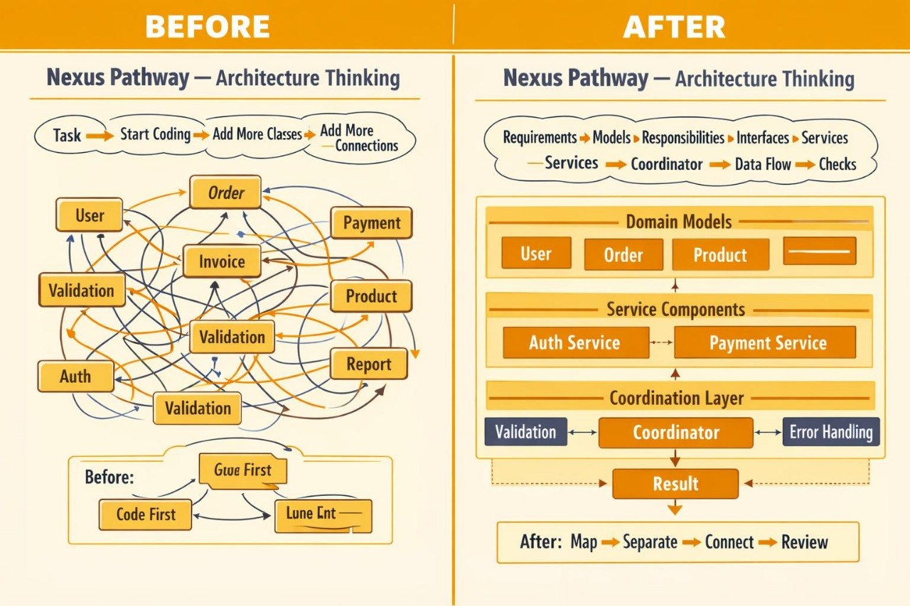 A before-and-after comparison infographic titled 'Nexus Pathway — Architecture Thinking' with an orange header. The left 'Before' column shows a tangled process diagram with connected boxes such as User, Order, Payment, and Validation.