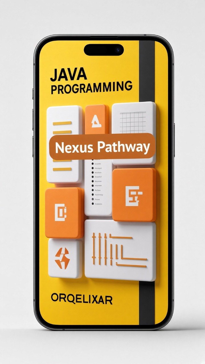 A smartphone mockup displaying a yellow and orange graphic titled 'JAVA PROGRAMMING' with 'Nexus Pathway' across the center and 'ORQELIXAR' at the bottom, shown on a light gray background.