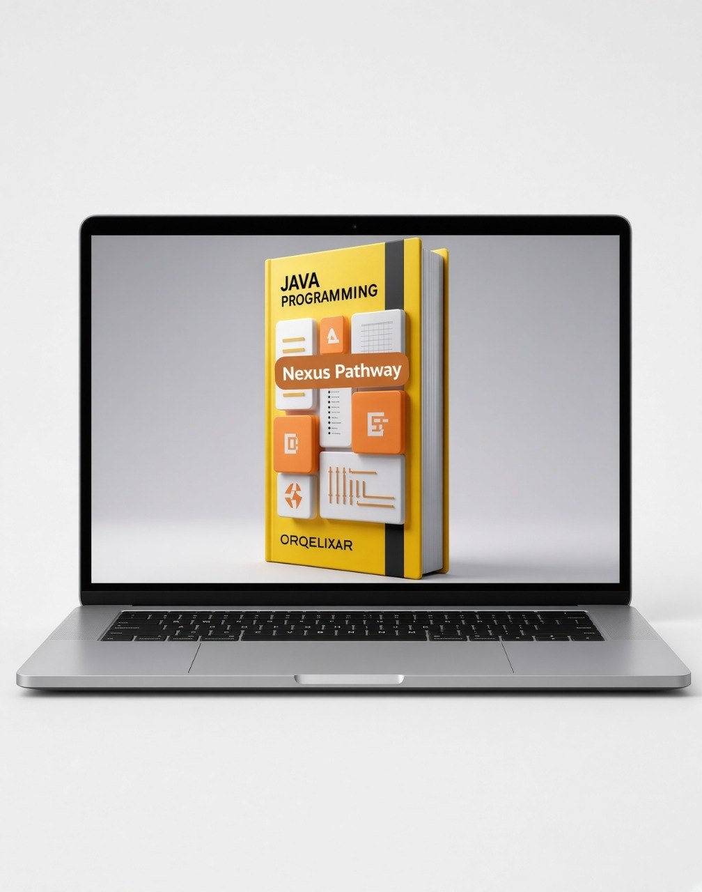 A silver laptop on a light gray background displaying a 3D book cover for 'Java Programming - Nexus Pathway' by Orgeluxir on its screen.