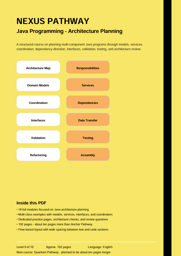 A yellow digital cover page for a PDF guide titled 'NEXUS PATHWAY Java Programming - Architecture Planning' with a black sidebar and orange and white labeled blocks outlining curriculum topics such as architecture map, domain models, coordination, interfaces, data transfer, testing, and assembly.