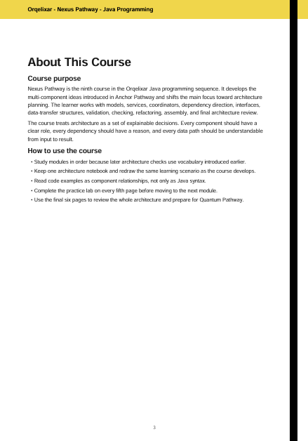 A scanned or photographed page from a course guide titled 'Oreqlisar - Nexus Pathway - Java Programming', with black text on a white page and a blue header bar at the top.