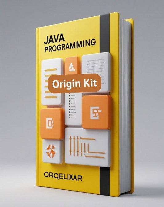 A 3D-rendered book titled "JAVA PROGRAMMING" with a bright yellow cover, black spine band, and orange-and-white graphic blocks on the front. The cover also shows the text "Origin Kit" and the brand name "ORQELIXAR" near the bottom.