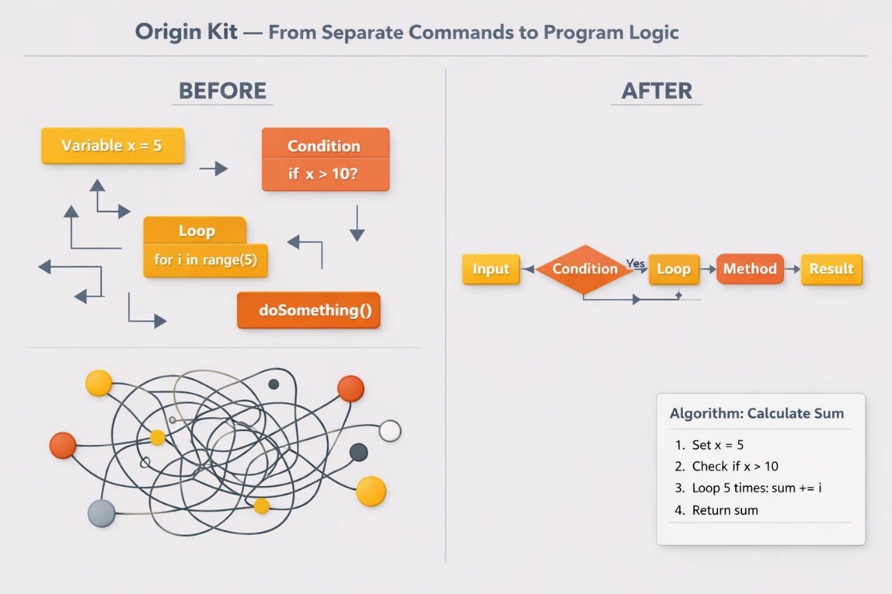 An educational infographic comparing 'Before' and 'After' programming logic flowcharts, titled 'Origin Kit — From Separate Commands to Program Logic'. The left 'Before' section shows a tangled, unstructured flowchart with various colored nodes and arrows.