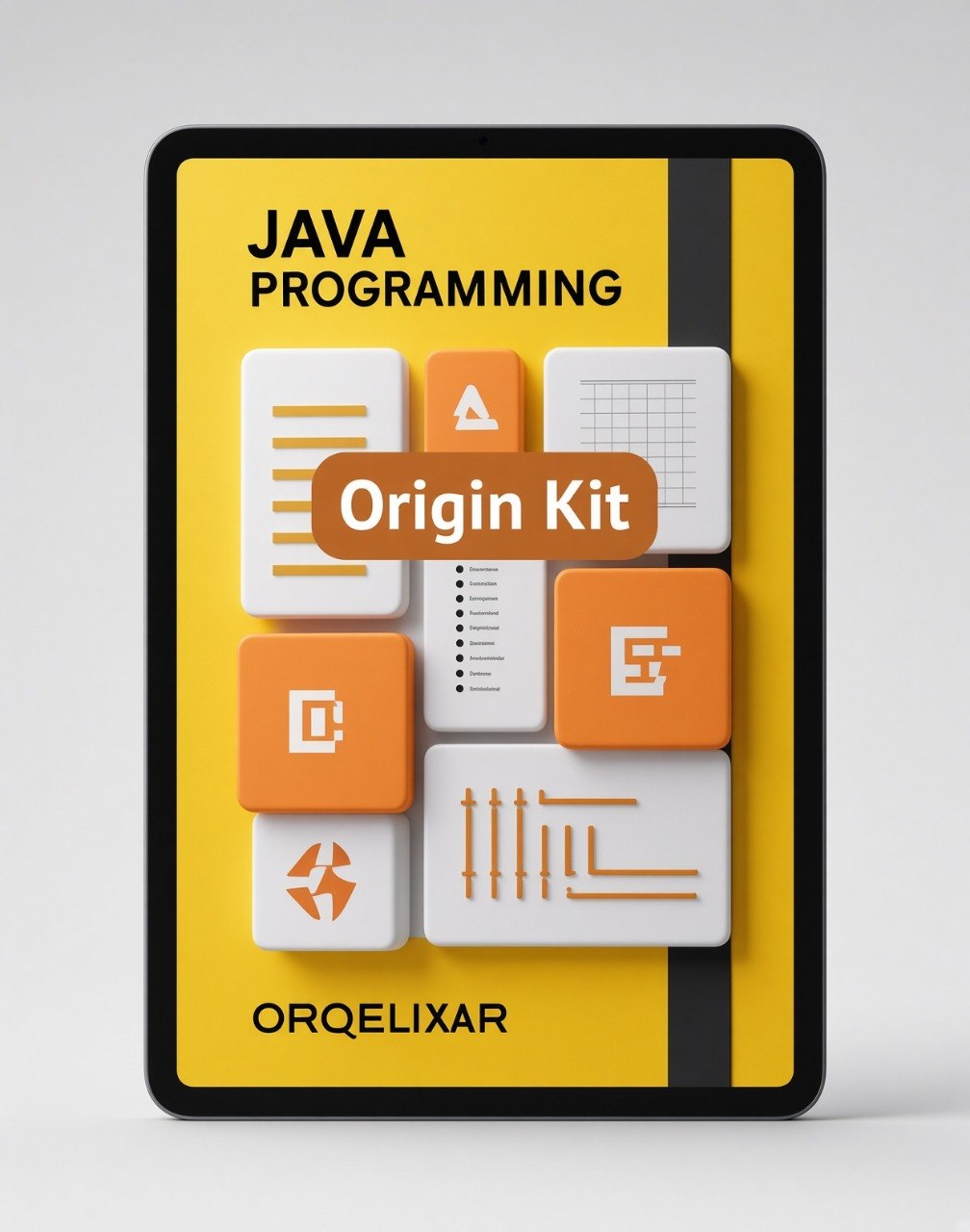 A digital mockup of a book or course cover titled 'JAVA PROGRAMMING Origin Kit' by ORQELIXAR, featuring a bright yellow cover with black text and orange and white graphic icons, set against a neutral gray background.