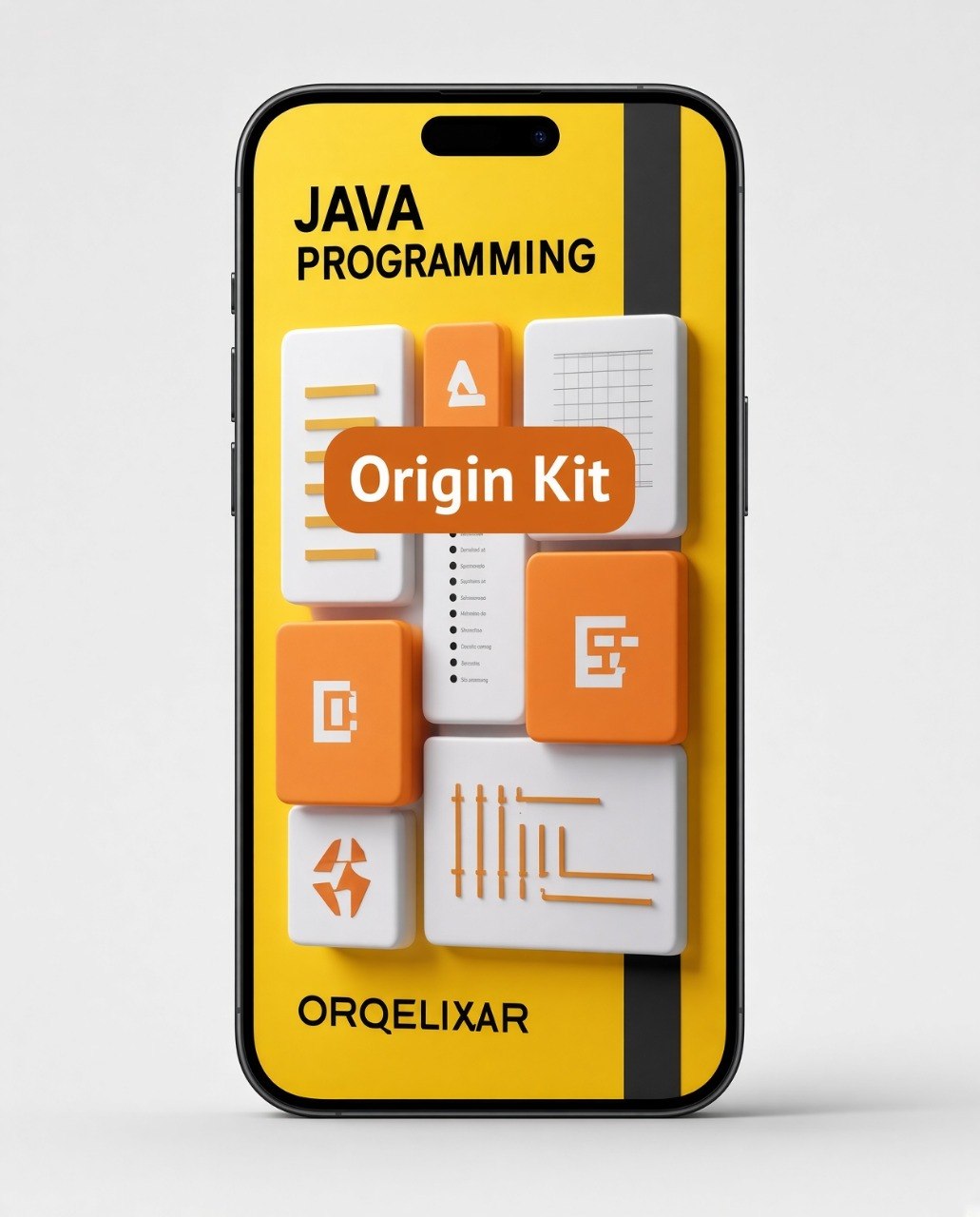 A smartphone mockup displaying a yellow cover design for a Java Programming Origin Kit by ORQELIXAR, with orange and white interface-style blocks on the screen, shown against a light gray background.