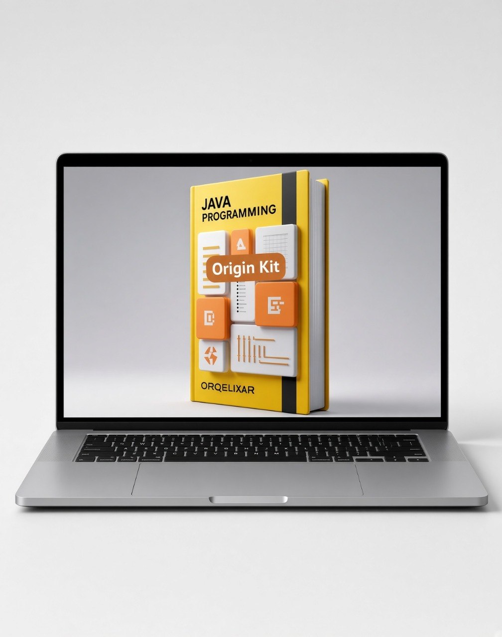 A silver laptop on a light gray background displaying a 3D book cover for a Java Programming Origin Kit by ORGELUXAR.