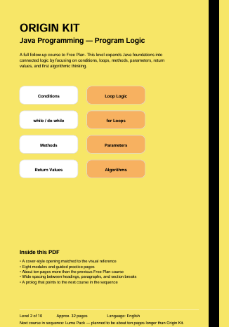 A digital cover page for a Java programming course titled 'ORIGIN KIT - Program Logic' on a bright yellow background with black text and a vertical black stripe. White and orange rounded rectangles display key topics such as Conditions, Loop Logic, while / do-while, for Loops, Methods, Parameters, Return Values, and Algorithms.