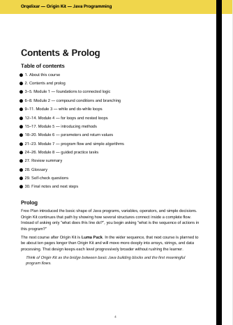 A printed page from the Oreluzar — Origin Ka — Java Programming book, showing the Table of Contents and Prolog section with numbered list items and short paragraphs on a white page.