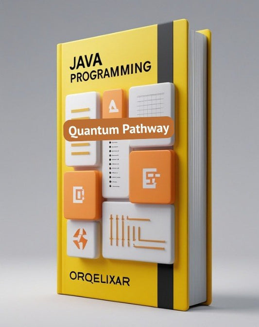 A 3D-rendered book titled "JAVA PROGRAMMING Quantum Pathway" by ORQELIXAR, featuring a bright yellow cover with orange and white graphic blocks and a black spine, shown on a neutral gray background.