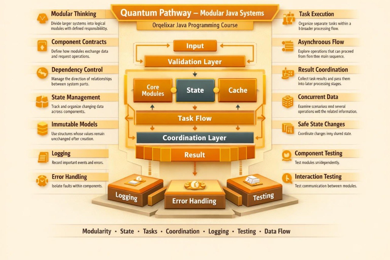 An infographic titled 'Quantum Pathway – Modular Java Systems' with a central flowchart labeled 'Driplear Java Programming Course' and surrounding labeled boxes for modular thinking, component contracts, dependency control, state management, logging, error handling, testing, and task execution.